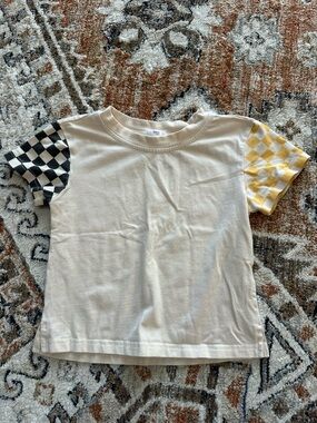 Cream Tee with Checkerboard Sleeves - Kids